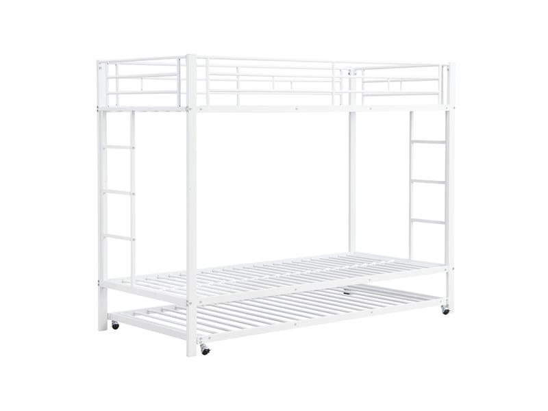 Lit superposé gigogne 90 × 200 cm, troisième couchage 90 × 190, échelles aux extrémités, métal, sommier à lattes, blanc  - Conforama A