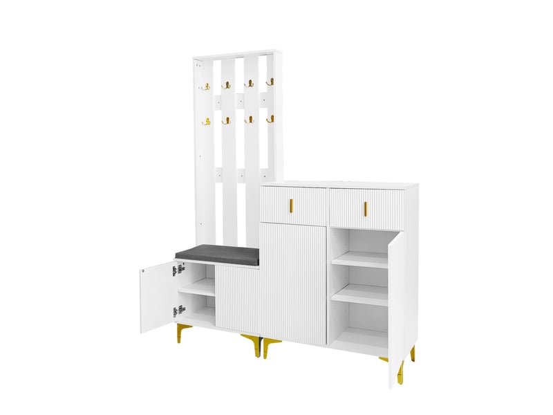  Vestiaire 60,5x35,2x180,5cm+83x35x101cm avec 2 tiroirs, 3 portes, crochets à vêtements, aggloméré, couleur blanc  - Conforama E