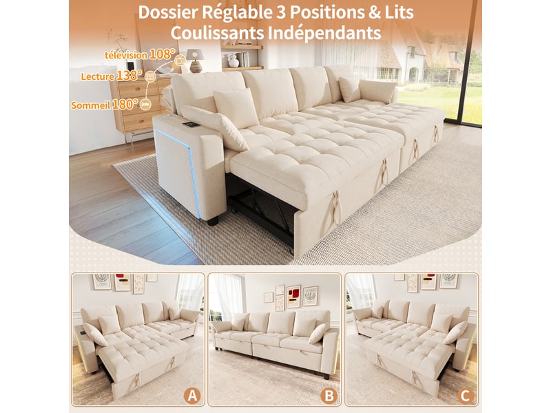 Canapé d'angle convertible 4 places 262,5x140x89 cm en chenille, canapé-lit avec 2 couchages escamotables, dossier réglable, led, usb type-c -beige - Conforama D