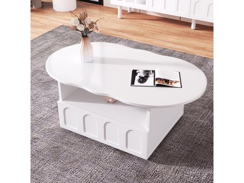 Table basse 100x60x39cm, table de salon avec tiroir de rangement, plateau en forme de nuage, panneau de particules, blanc  - Conforama B