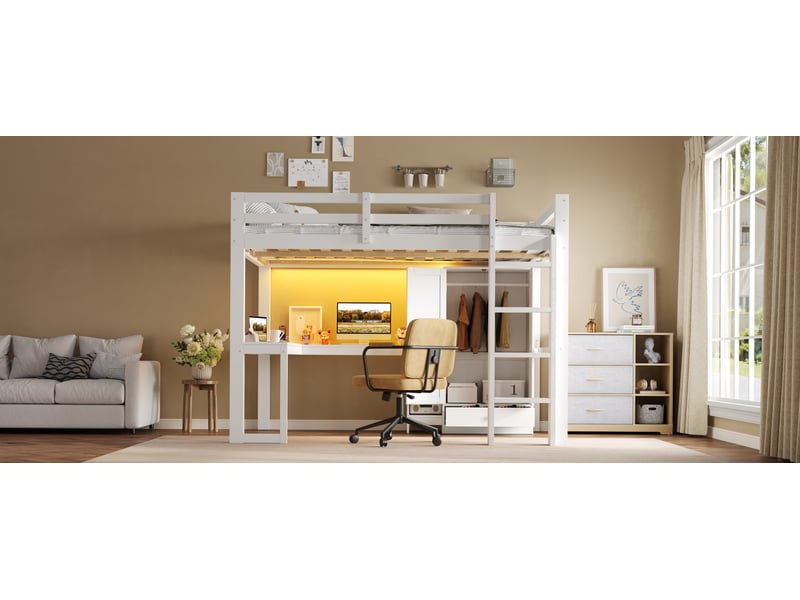  Lit mezzanine 90 x 200 cm, lit enfant surélevé, 1 tiroir, placard intégré, bureau intégré, étagères ouvertes, éclairage led, bois massif, blanc Morn Vibe - Conforama E