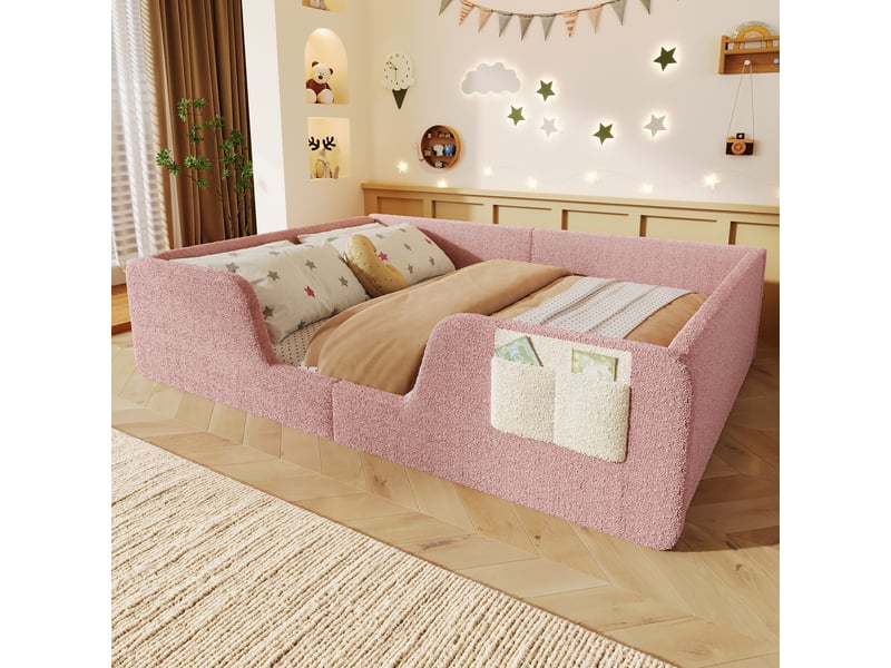  Lit enfant velours rose, lit capitonné 140x190 avec barrières de sécurité amovibles et poche de rangement, sans matelas  - Conforama E
