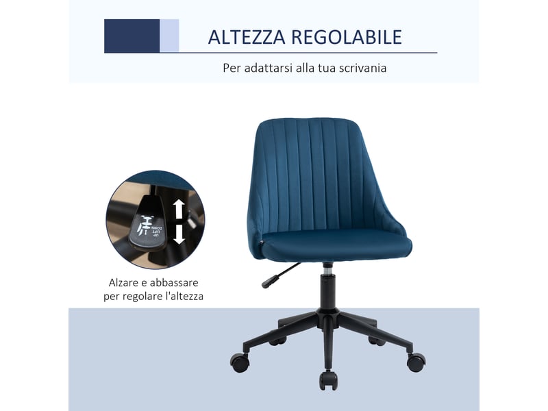  Fauteuil de bureau en velours bleu à hauteur réglable, ergonomique, pivotant à 360° et équipé de roulettes, 50 x 58 x 77-87 cm  - Conforama E