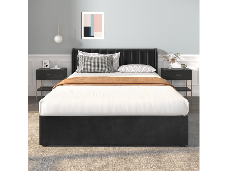  Lit rembourré tcqpz 160 x 200 cm en velours noir avec sommier à lattes 2 tiroirs  - Conforama E