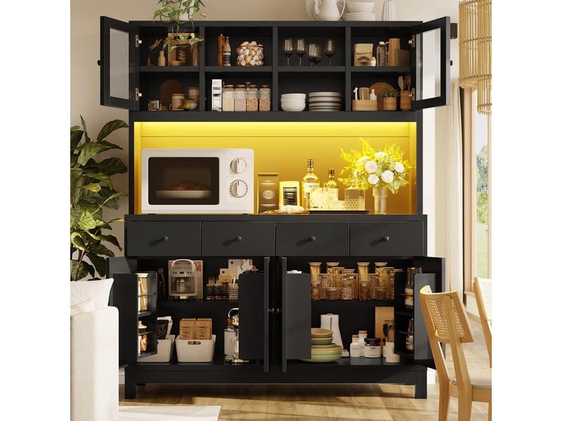  Meuble de cuisine muvano, buffet haut noir avec portes vitrées, 4 tiroirs, 140 × 38,5 × 180 cm  - Conforama C