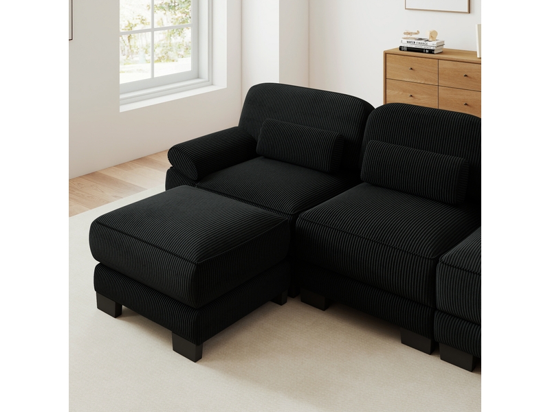  Canapé d’angle modulable 4 places en velours côtelé noir avec pouf assorti, assise profonde et configuration en l ou en u  - Conforama R