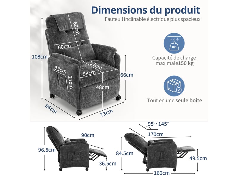  Fauteuil de massage électrique, fauteuil détente pour télévision avec fonction massage et chaleur, 4 roues, gris foncé  - Conforama B