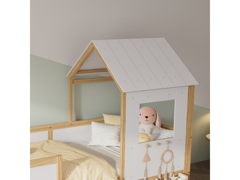 Lit enfant 90x200cm, lit 1 place avec 4 tiroirs de rangement, escalier et sommier, lit maison, pin+mdf, blanc+naturel, sans matelas - Conforama R