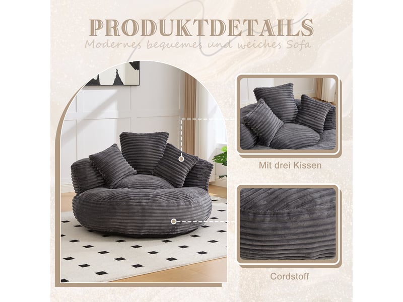 Canapé cordon gris foncé 108x108x52 cm avec haut dossier, trois coussins et accoudoirs galbés - Conforama D