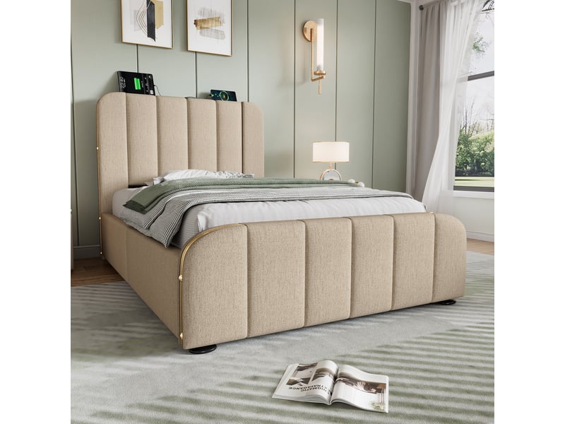  Lit simple 90x200 cm, lit enfant avec bandes métalliques dorées, prise intégrée et 4 tiroirs, tissu lin, beige, sans matelas  - Conforama B