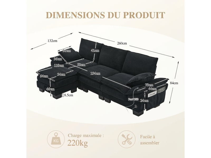  Canapé modulaire 3 places velours côtelé noir - usb-c, 260 x 132 x 84 cm, avec pouf rangement  - Conforama C