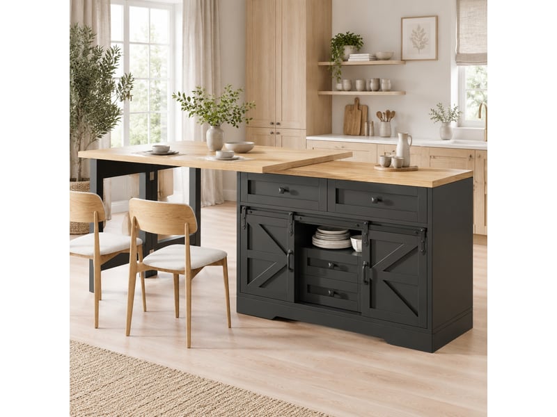  Desserte de cuisine avec placard latéral, tiroirs cachés et plateau pivotant extensible en mdf noir pour repas  - Conforama C