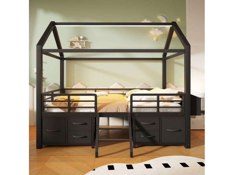  Lit mezzanine 90x200 cm avec tiroirs en tissu et éclairage led en métal noir  - Conforama D
