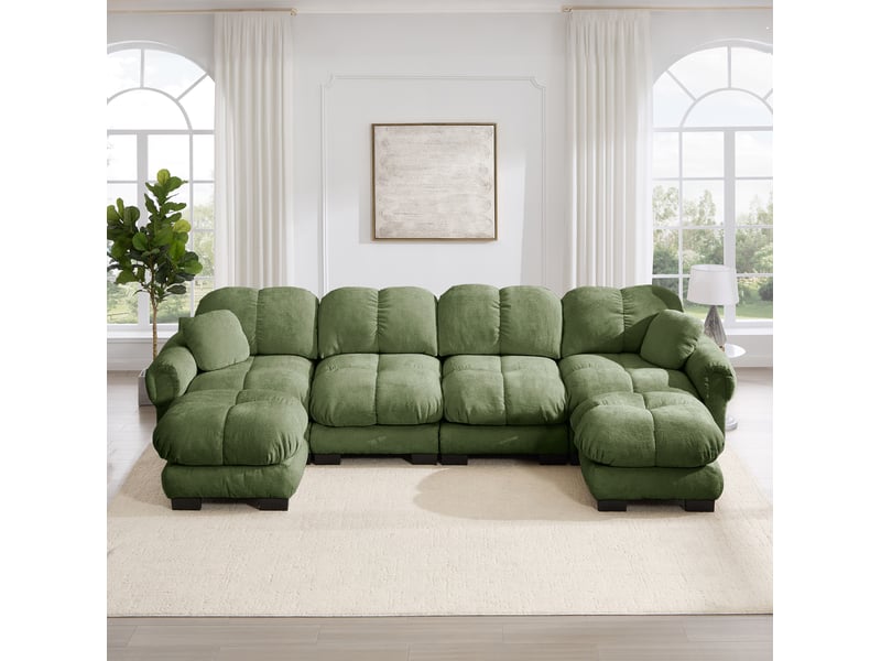 Canapé d'angle modulaire 4 places en tissu vert, forme u avec 2 ottomanes mobiles et dossier ergonomique - Conforama B
