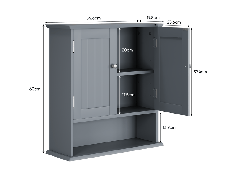  Armoire murale de salle de bain 2 portes niches mdf gris clair 54.6x19.8x60 cm W3180P271287 - Conforama C