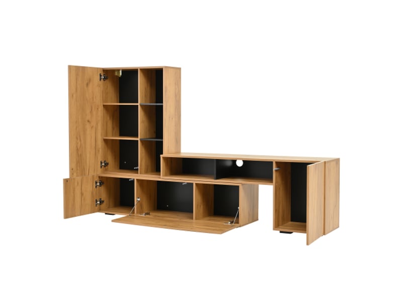  Ensemble tv avec vitrine 2 pièces - bois noir, longueur 265 cm, posé ou fixé, tv jusqu'à 120 pouces  - Conforama E