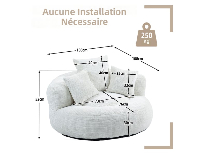  Fauteuil lazy sofa 108x108x52 cm beige chenille mousse confort pour adulte et enfant avec trois coussins evarich - Conforama C