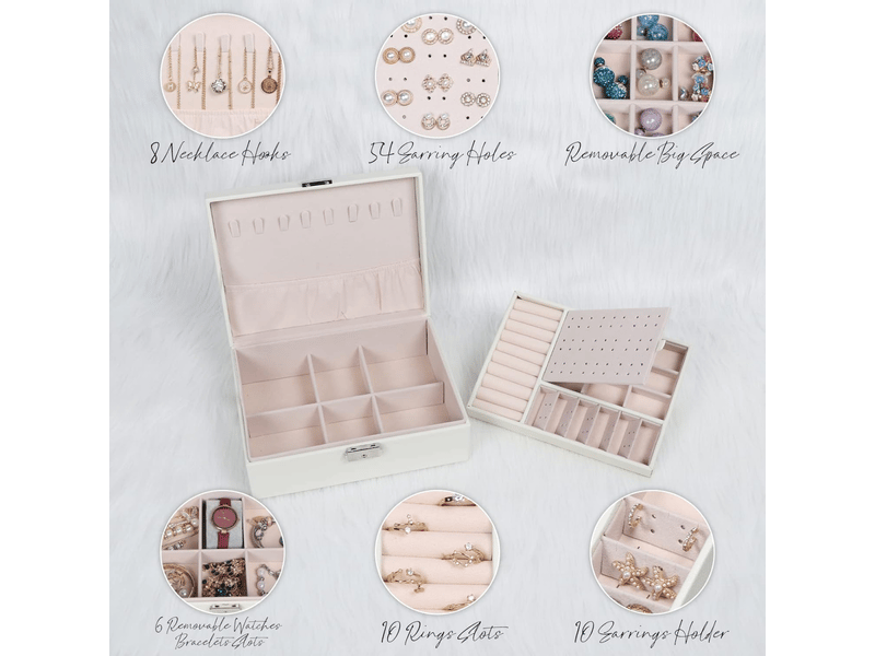 Boîte à bijoux pour femme, coffret à bijoux en cuir verrouillable de 2 couches organisateur à bijoux, petit jewelry stockage cas rangement(blanc) - Conforama C