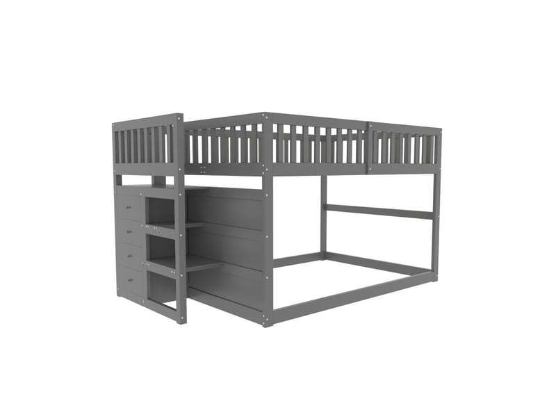  Lit superposé bas 140x200 cm avec escalier à 4 tiroirs, coloris gris  - Conforama A