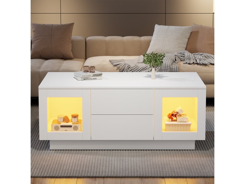 Table basse 100x50x40 cm avec led rgb via appli, 2 tiroirs, 2 portes vitrées, fermeture douce, finition blanc brillant, mdf, pour salon - Conforama B