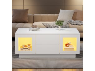 Table basse 100x50x40 cm avec led rgb via appli, 2 tiroirs, 2 portes vitrées, fermeture douce, finition blanc brillant, mdf, pour salon