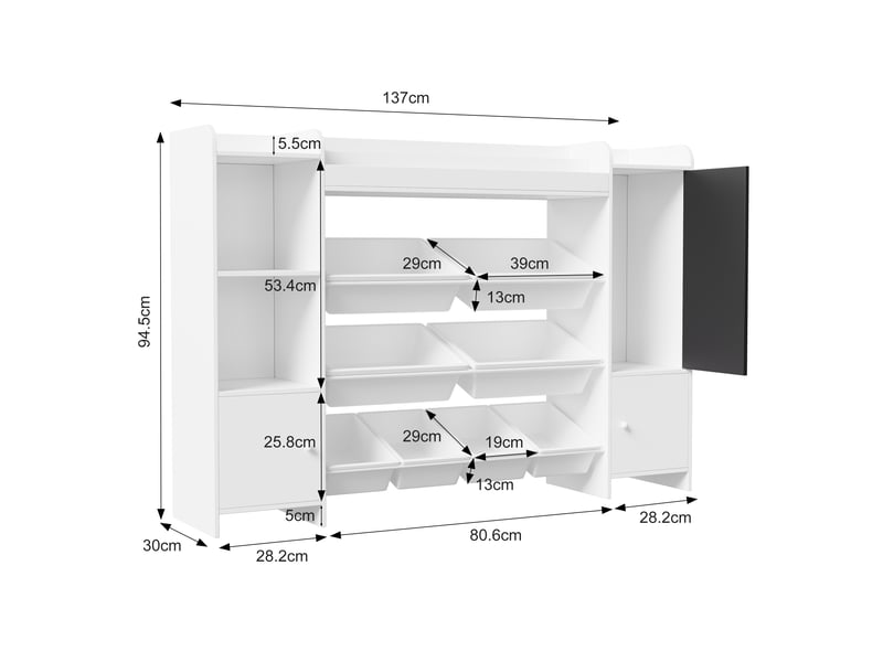  Bibliothèque enfant - 137x30x94,5 cm - meuble de rangement jouets, bac amovibles, tableau noir dessin - blanc  - Conforama E