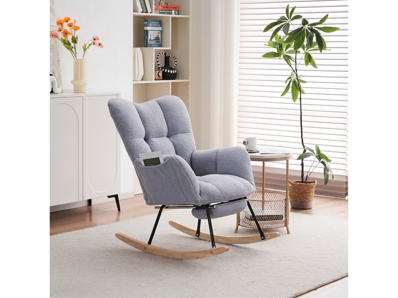  Fauteuil à bascule en tissu teddy gris avec repose-pieds extensible, chaise berçante relax moderne pour salon chambre  - Conforama B