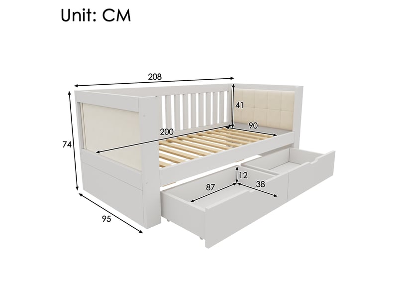 Lit banquette enfant 90x200 cm en bois blanc avec 2 tiroirs et dossier en velours - Conforama C