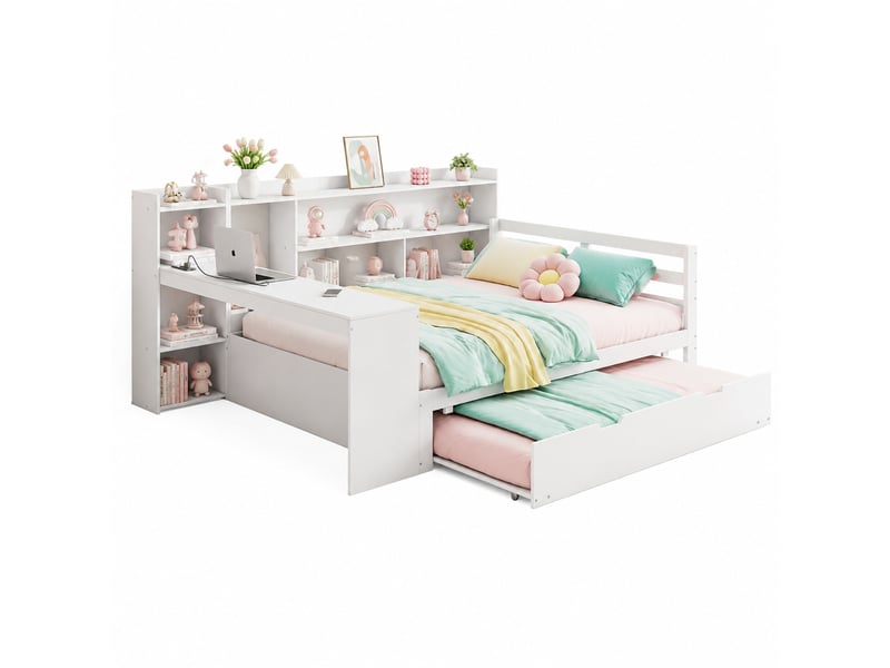 Lit multifonction 140x200 cm avec bureau, rangements, lit gigogne et prises, blanc  - Conforama A