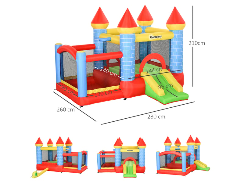  Château gonflable enfants, toboggan, matelas, gonfleur, sac, int.ext., 280x260x210 cm, multicolore.  - Conforama E