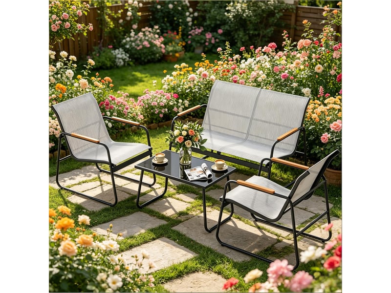  Salon de jardin avec canapé 2 places, 2 fauteuils et table basse en métal, verre trempé et polyester gris  - Conforama B