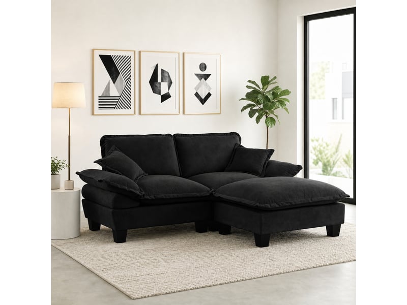  Canapé d'angle modulable modenvie 3 places avec ottomane mobile et amovible, 2 coussins, tissu chenille noir, 194 x 155 x 90 cm  - Conforama E