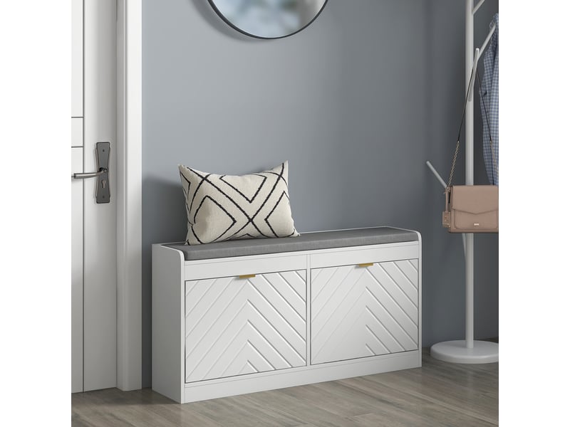  Banc à chaussures, banc de rangement, assise rembourrée, tiroir rabattable, porte avec motif 106 x 24 x 52,5 cm, blanc  - Conforama D