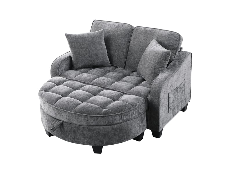 Canapé convertible 2 en 1 gris foncé avec pouf coffre, tissu respirant et bois d’eucalyptus - Conforama A
