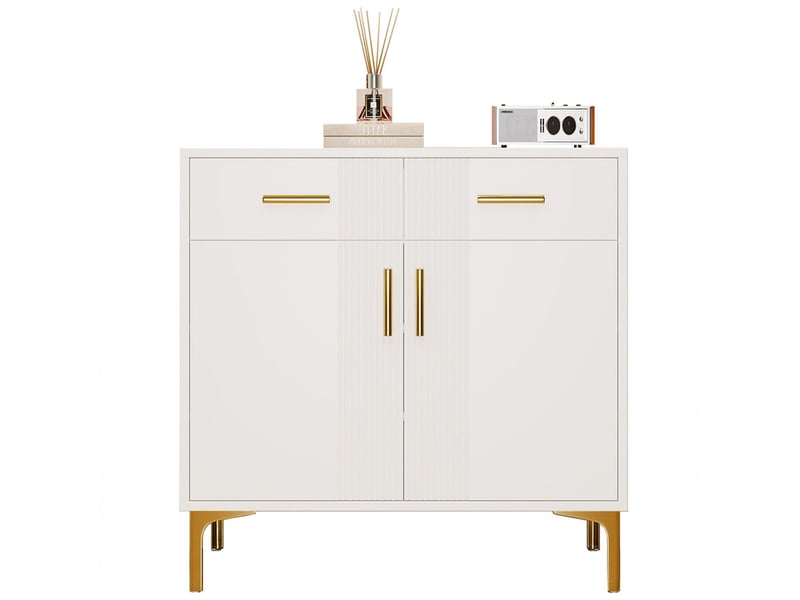  Commode moderne 2 tiroirs et 2 portes, meuble de rangement, poignées et pieds en métal, l80 x p35 x h79,5 cm, blanc  - Conforama A