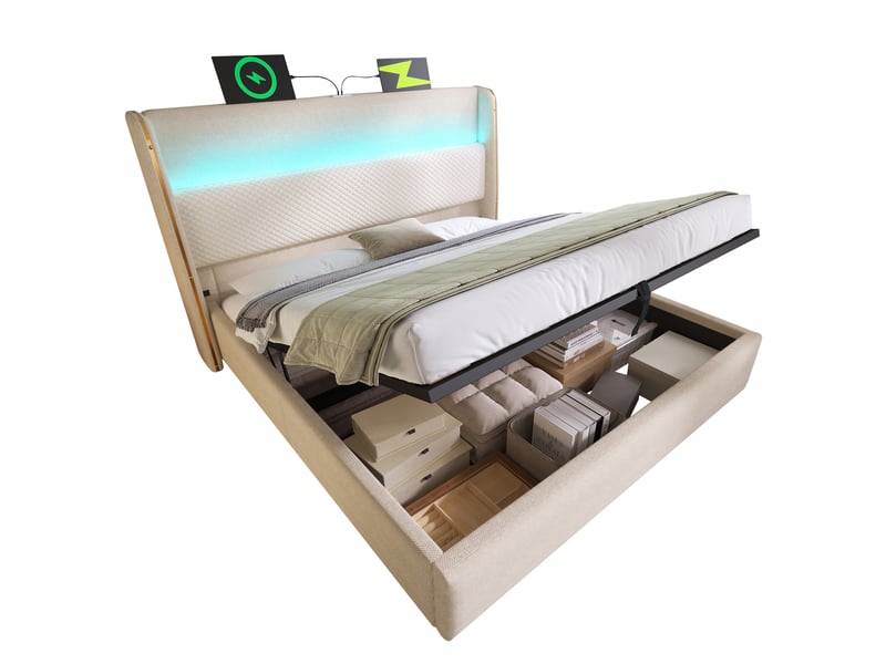  Lit coffre 180x200cm, led intégré, ports de charge, espace de rangement caché, lin, bois, métal, beige, matelas inclus, lit adulte  - Conforama A