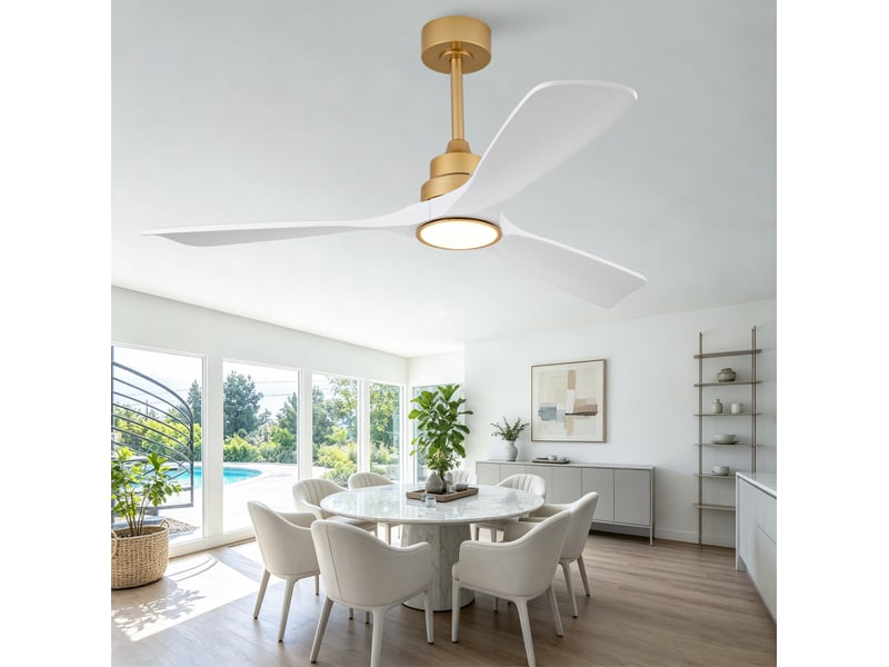  Ventilateur de plafond 52 avec lumière et télécommande, 3 pales bois, or + blanc  - Conforama W