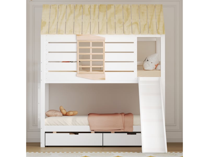  Lit superposé cabane 90x200 cm avec toboggan et 2 tiroirs  - Conforama D