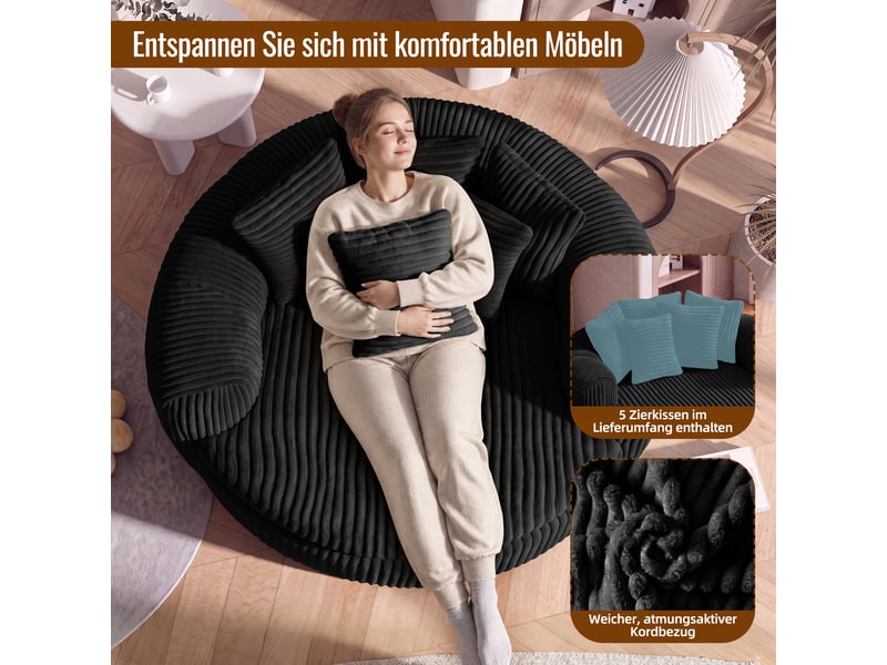  Fauteuil lounge xxl 145x133 cm avec assise profonde - 5 coussins et confort enveloppant - velours côtelé noir  - Conforama E