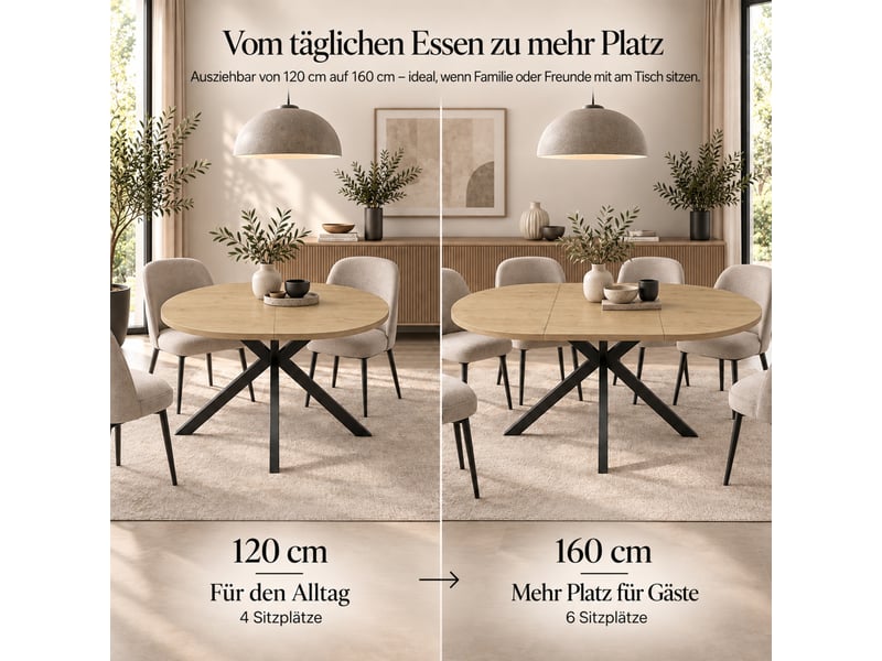 Table extensible ovale 120 à 160 sur 80 sur 75 cm coloris bois mdf pieds métal salle à manger - Conforama D