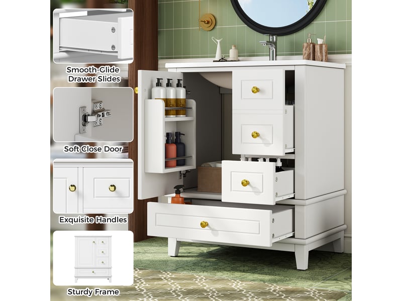  Meuble salle de bain 61 cm blanc brillant avec lavabo en céramique  - Conforama C