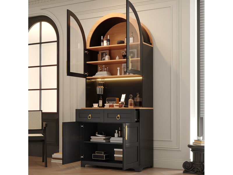  Buffet 80x40x180 cm avec vitrine en verre cintrée, éclairage led, prise intégrée et usb, 2 tiroirs, mdf, noir  - Conforama D