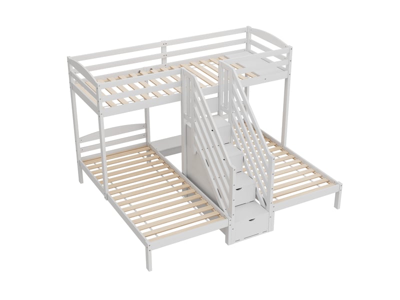  Lit mezzanine 3 couchages avec escalier à tiroirs, pin blanc, 90x200 cm  - Conforama E