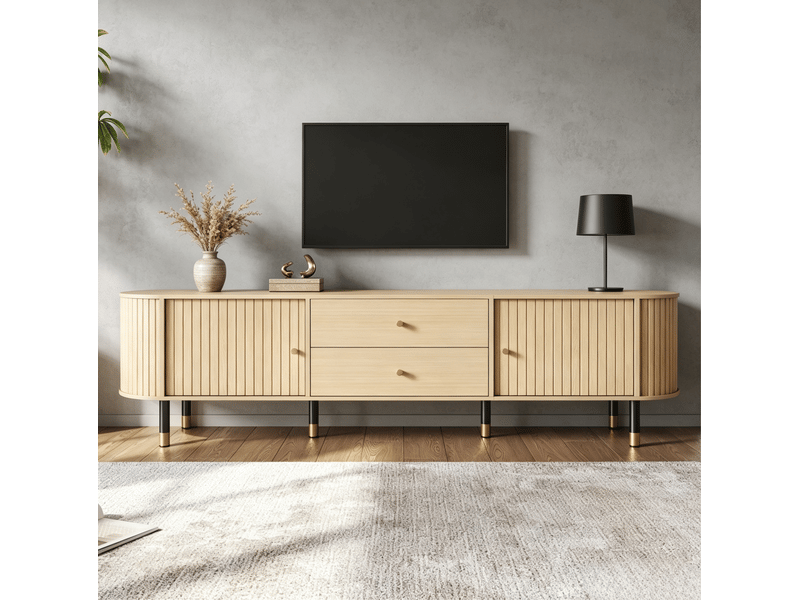  Meuble tv modenvie 180 x 40 x 58 cm avec 2 tiroirs et portes coulissantes finition bois naturel  - Conforama B