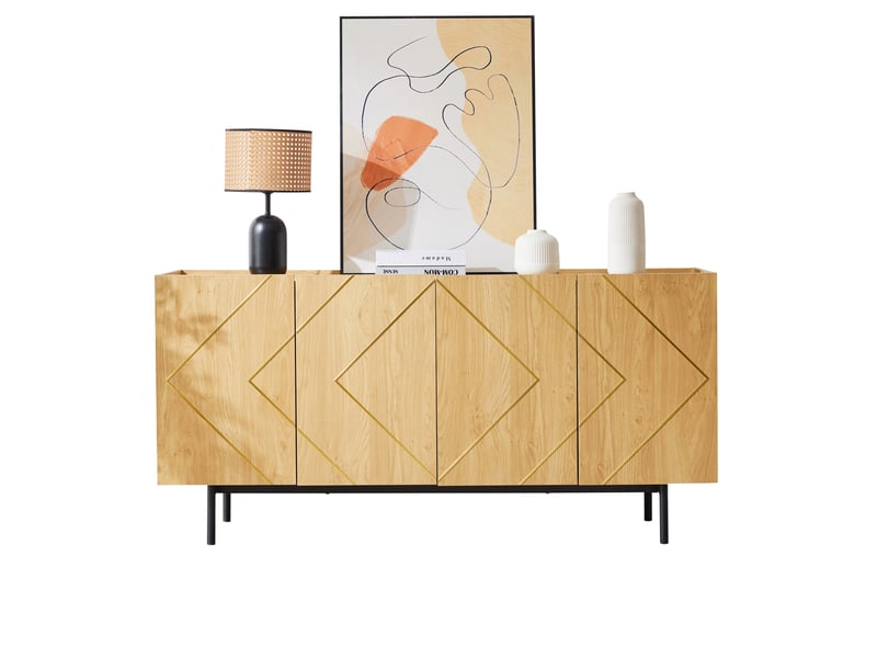 Buffet à 4 portes avec étagères réglables et détails métalliques, en panneaux de particules, coloris naturel, 160 × 40 × 78 cm - Conforama A