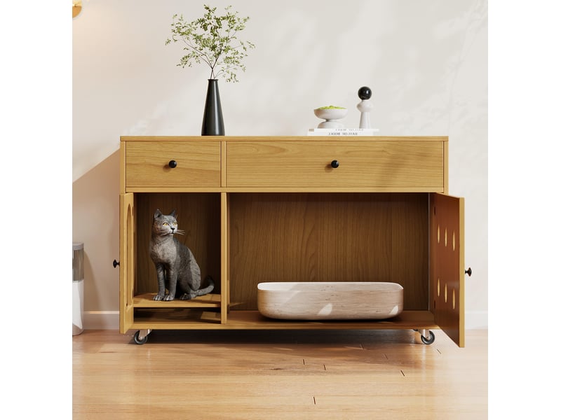  Meuble litière féline 100x45x66 cm – naturel – 2 tiroirs, porte ventilée et roulettes mobiles  - Conforama D
