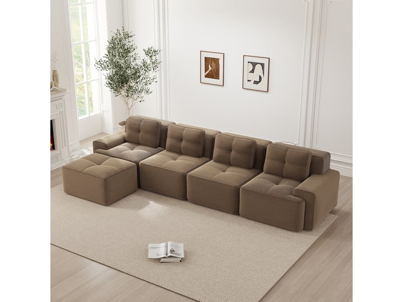  Canapé modulaire 4 places avec chaise longue en l en velours côtelé marron  - Conforama B