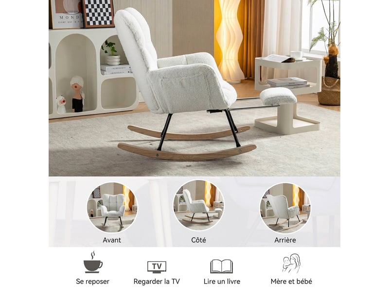  Chaise berçante tissu teddy fauteuil à bascule blanc avec repose-pieds escamotable 80x98x98.5cm  - Conforama R
