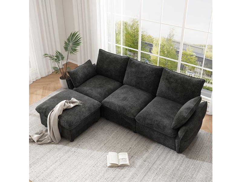 Canapé d'angle 3 places avec pouf modulable et 2 coussins, en chenille gris foncé, 222,5 × 154,5 × 76,5 cm - Conforama E