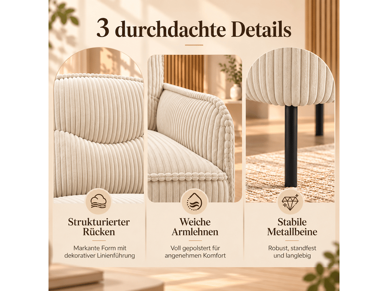  Fauteuil de salon - fauteuil 1 place en velours tricoté avec accoudoirs et poches latérales, petit fauteuil rembourré, beige  - Conforama R